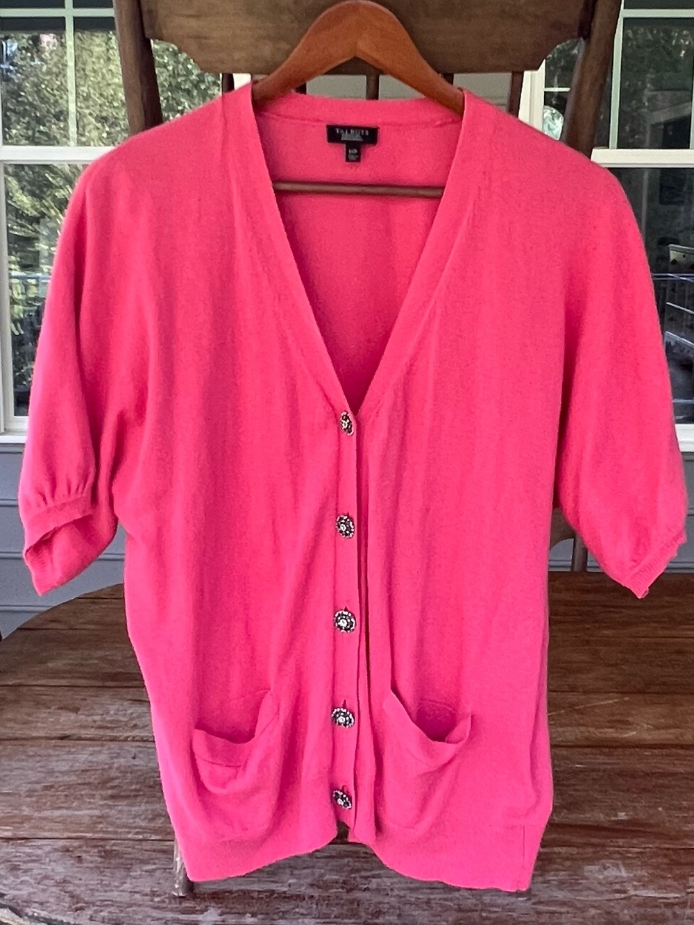 Talbots Pink Knit Short Sleeve V-Neck Pocket Cardigan Jewel Floral Button 1XP